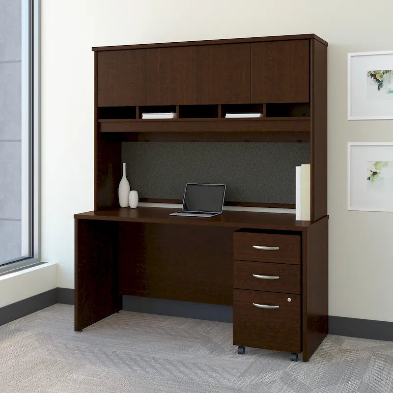 Bureau de 152 cm Mocha Cherry / Hansen Cherry avec huche, tiroirs et classeur