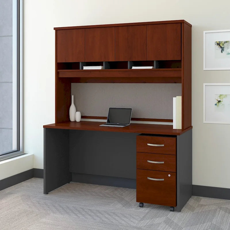 Bureau de 152 cm Mocha Cherry / Hansen Cherry avec huche, tiroirs et classeur