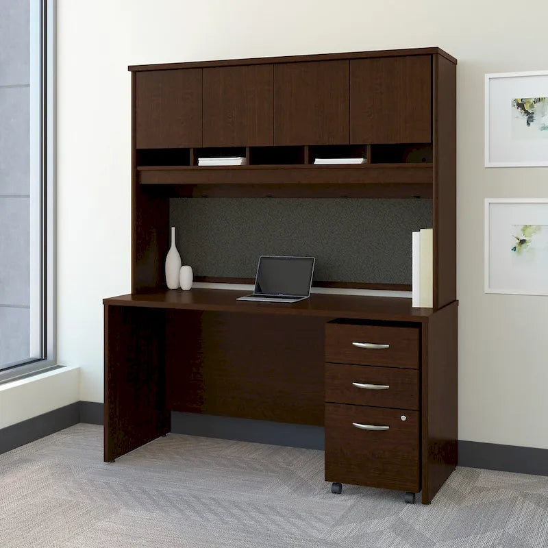 Bureau de 152 cm Mocha Cherry / Hansen Cherry avec huche, tiroirs et classeur