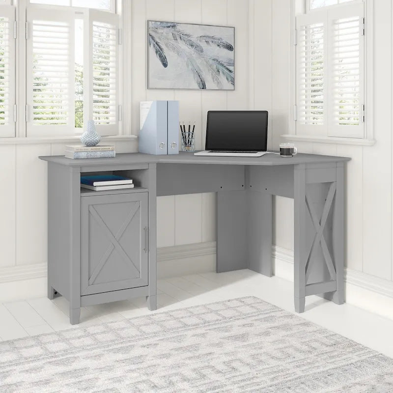Bureau d'angle informatique 137 cm avec rangement Bing Cherry / Chêne blanc / Gris Cape Cod / Gris délavé