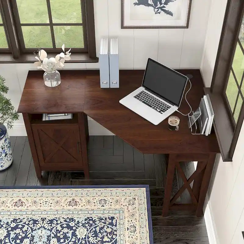 Bureau d'angle informatique 137 cm avec rangement Bing Cherry / Chêne blanc / Gris Cape Cod / Gris délavé
