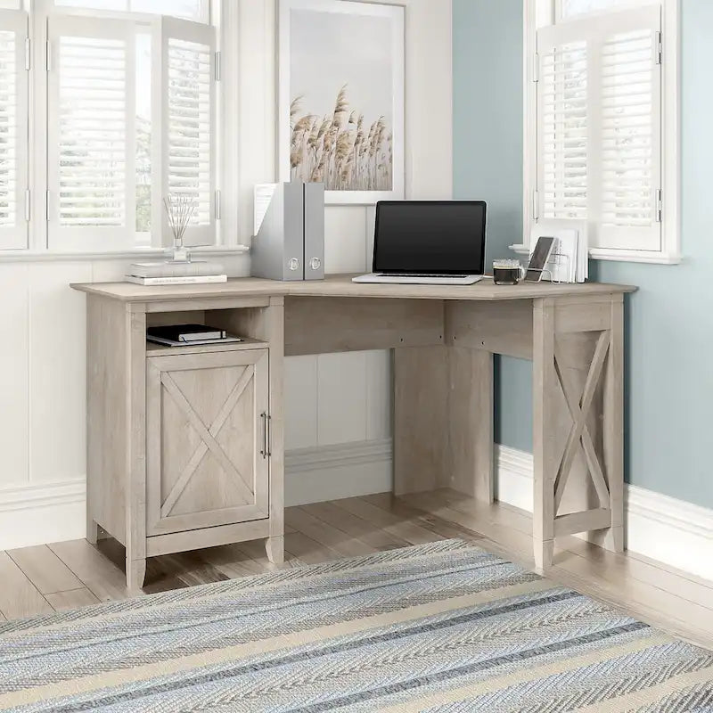 Bureau d'angle informatique 137 cm avec rangement Bing Cherry / Chêne blanc / Gris Cape Cod / Gris délavé
