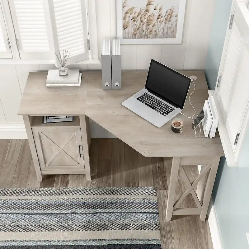 Bureau d'angle informatique 137 cm avec rangement Bing Cherry / Chêne blanc / Gris Cape Cod / Gris délavé