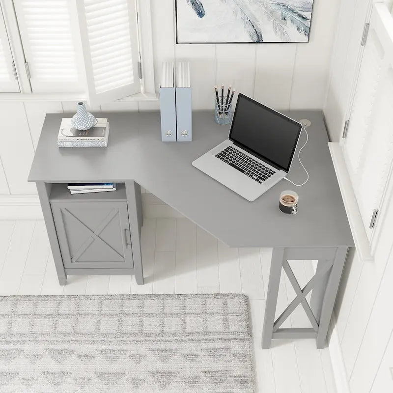 Bureau d'angle informatique 137 cm avec rangement Bing Cherry / Chêne blanc / Gris Cape Cod / Gris délavé
