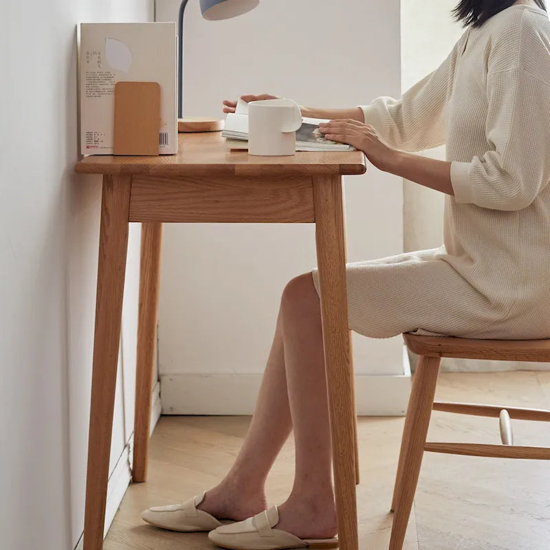 Bureau en chêne massif avec 2 tiroirs et plateau en tissu anti-taches