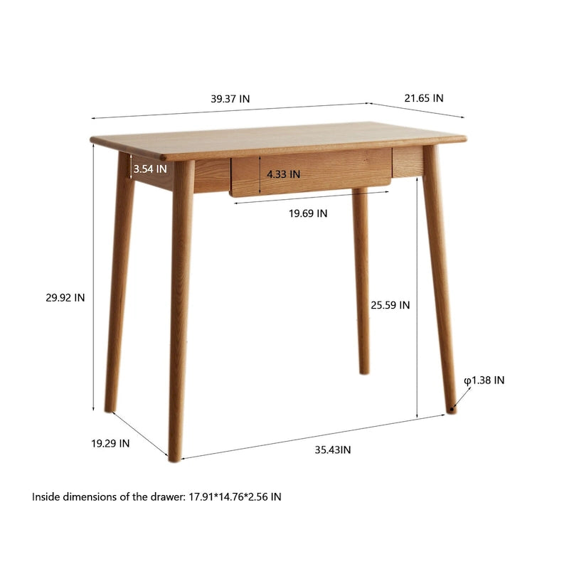 Bureau en chêne massif avec 2 tiroirs et plateau en tissu anti-taches