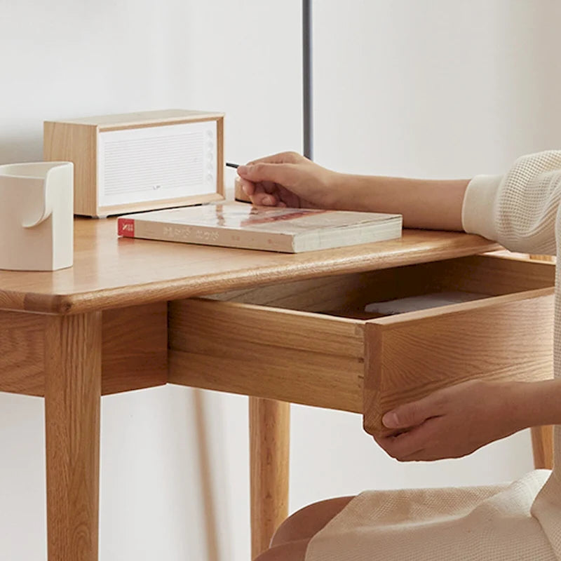Bureau en chêne massif avec 2 tiroirs et plateau en tissu anti-taches