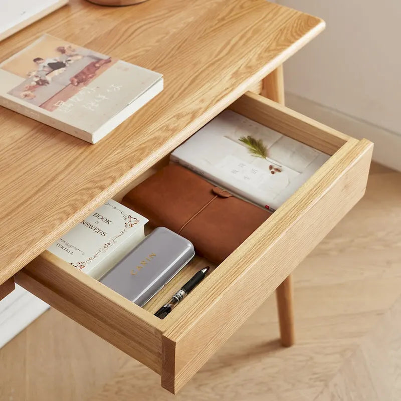 Bureau en chêne massif avec 2 tiroirs et plateau en tissu anti-taches