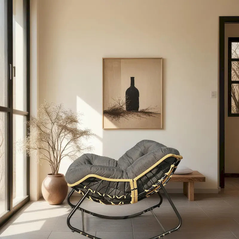 Fauteuil à bascule œuf gris foncé avec design en rotin, 1 personne