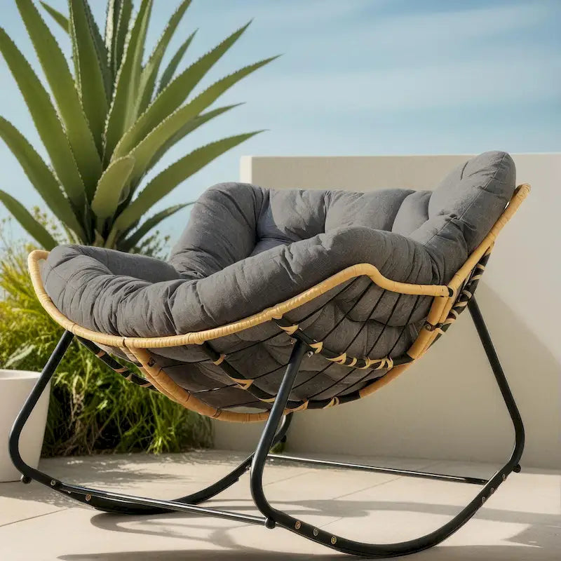 Fauteuil à bascule œuf gris foncé avec design en rotin, 1 personne
