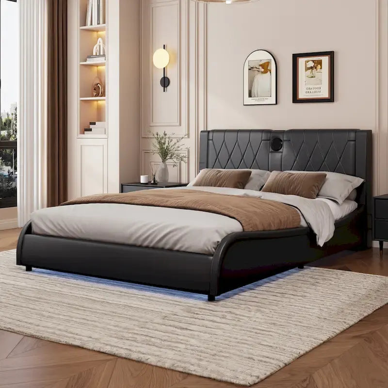 Lit Double en Similicuir Noir et Blanc avec LED RGB et Haut-parleurs Bluetooth, 2 Personnes