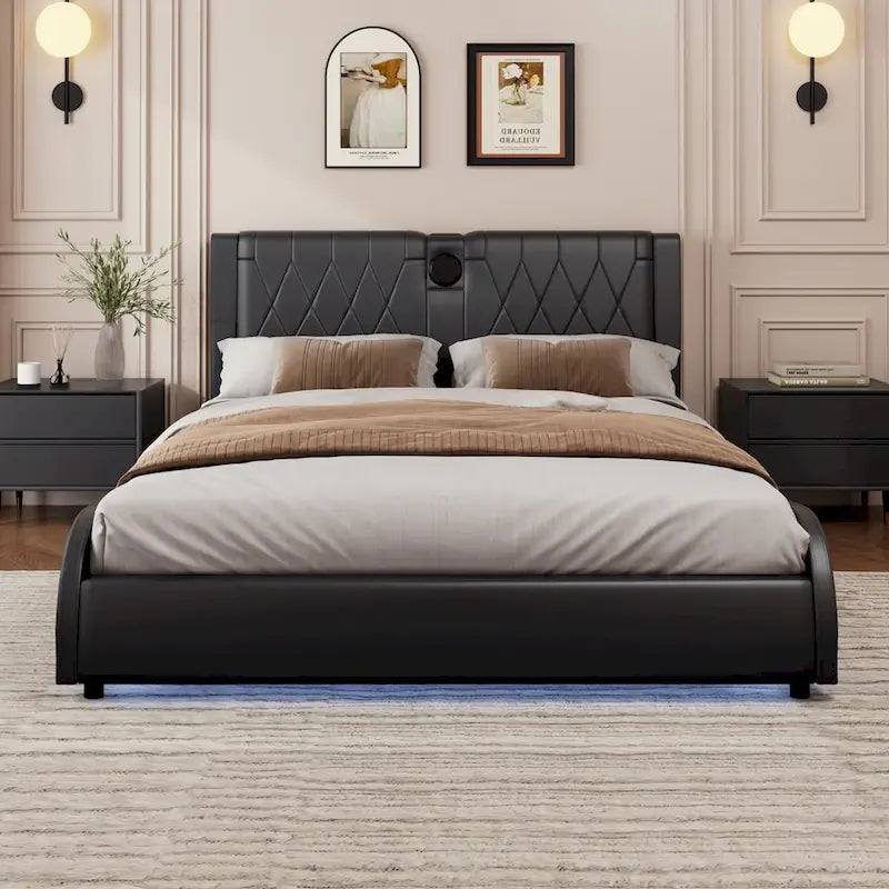 Lit Double en Similicuir Noir et Blanc avec LED RGB et Haut-parleurs Bluetooth, 2 Personnes