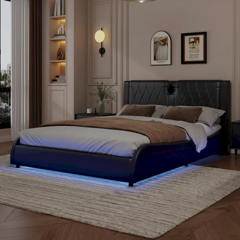 Lit Double en Similicuir Noir et Blanc avec LED RGB et Haut-parleurs Bluetooth, 2 Personnes