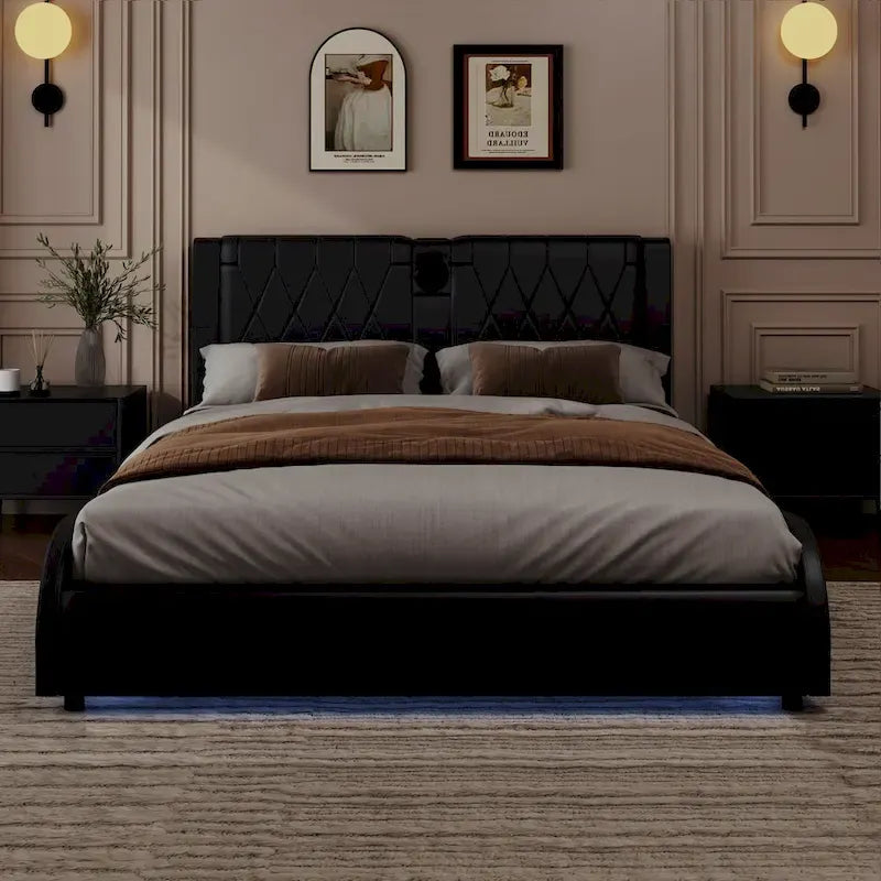 Lit Double en Similicuir Noir et Blanc avec LED RGB et Haut-parleurs Bluetooth, 2 Personnes