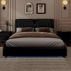 Lit Double en Similicuir Noir et Blanc avec LED RGB et Haut-parleurs Bluetooth, 2 Personnes