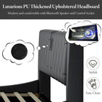 Lit Double en Similicuir Noir et Blanc avec LED RGB et Haut-parleurs Bluetooth, 2 Personnes
