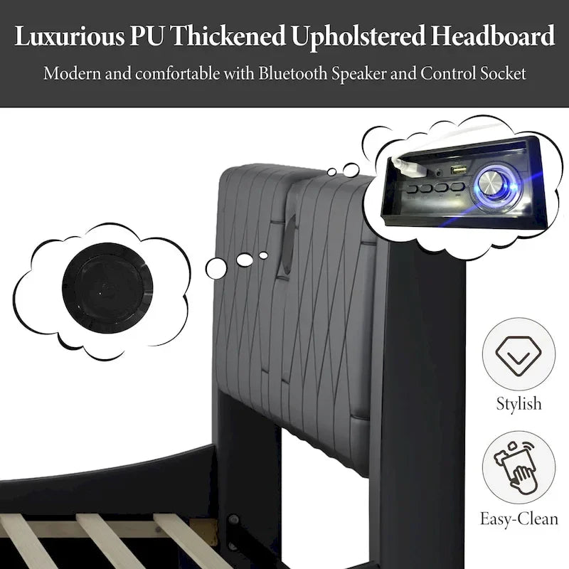 Lit Double en Similicuir Noir et Blanc avec LED RGB et Haut-parleurs Bluetooth, 2 Personnes