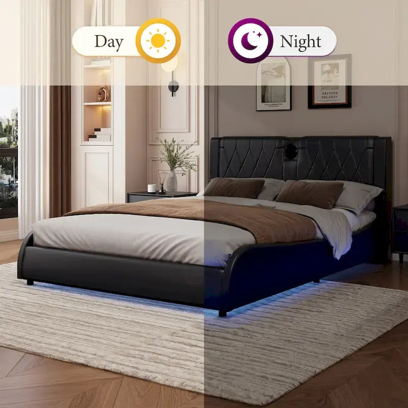 Lit Double en Similicuir Noir et Blanc avec LED RGB et Haut-parleurs Bluetooth, 2 Personnes