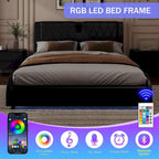 Lit Double en Similicuir Noir et Blanc avec LED RGB et Haut-parleurs Bluetooth, 2 Personnes