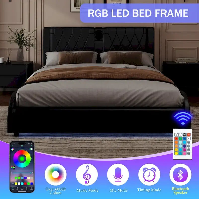 Lit Double en Similicuir Noir et Blanc avec LED RGB et Haut-parleurs Bluetooth, 2 Personnes
