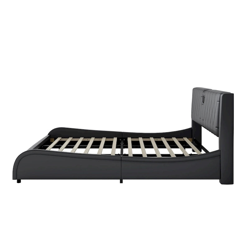 Lit Double en Similicuir Noir et Blanc avec LED RGB et Haut-parleurs Bluetooth, 2 Personnes