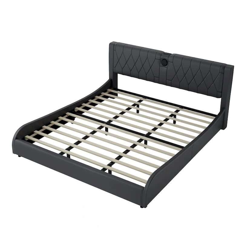 Lit Double en Similicuir Noir et Blanc avec LED RGB et Haut-parleurs Bluetooth, 2 Personnes