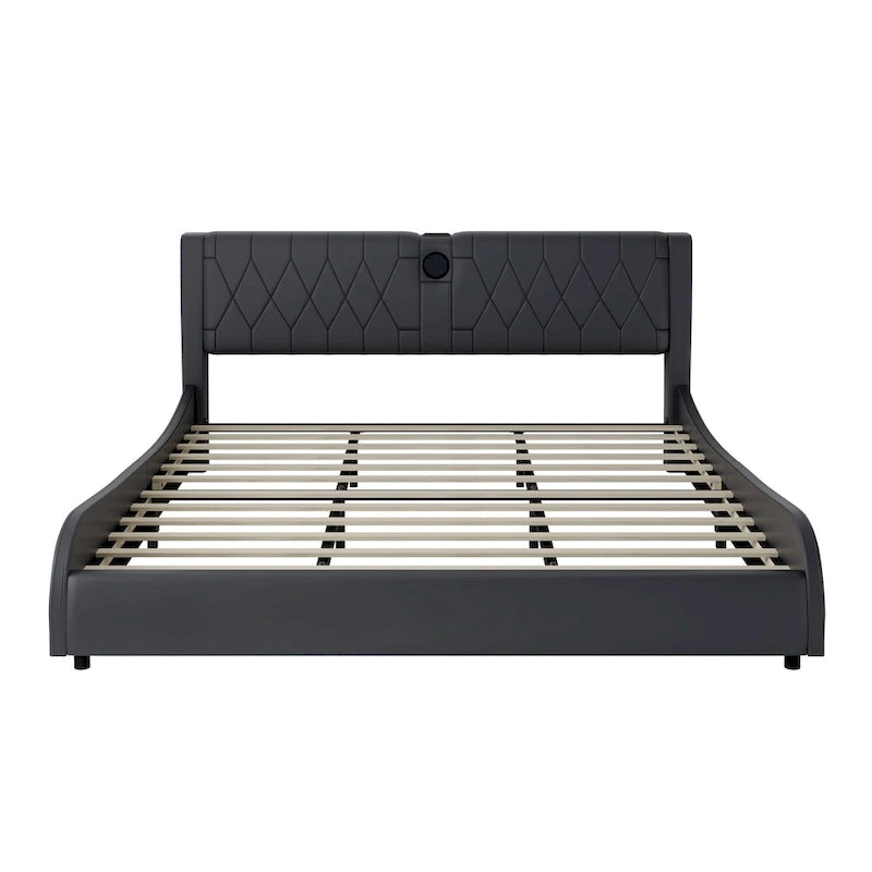 Lit Double en Similicuir Noir et Blanc avec LED RGB et Haut-parleurs Bluetooth, 2 Personnes