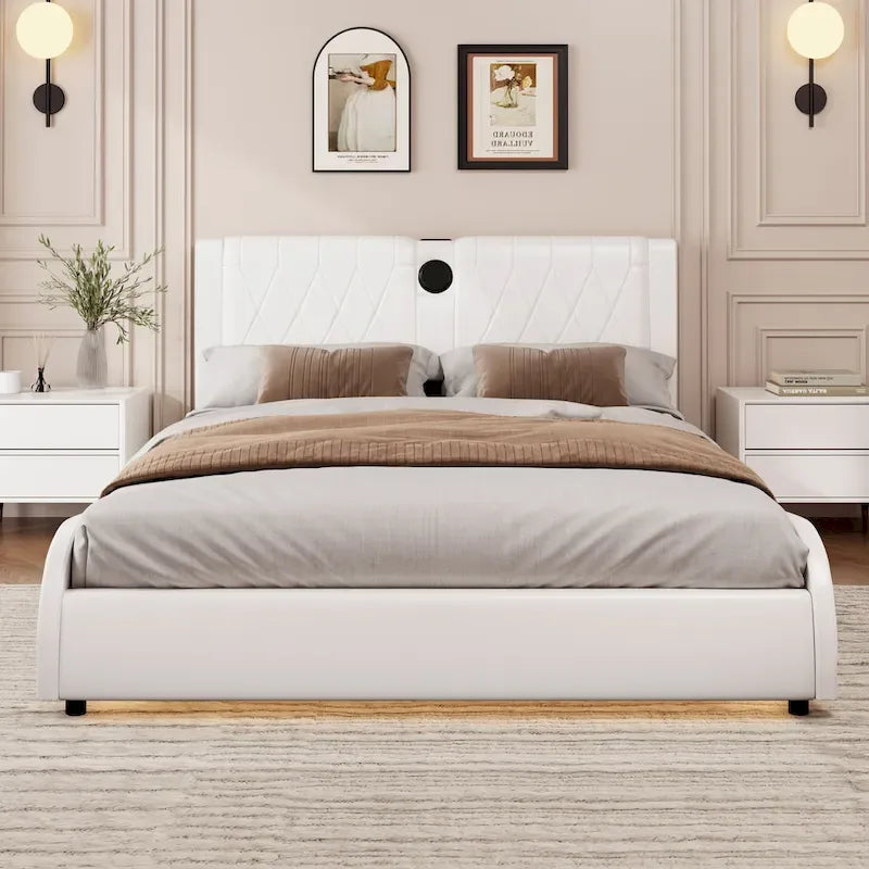 Lit Double en Similicuir Noir et Blanc avec LED RGB et Haut-parleurs Bluetooth, 2 Personnes