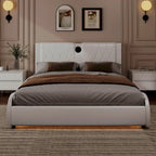 Lit Double en Similicuir Noir et Blanc avec LED RGB et Haut-parleurs Bluetooth, 2 Personnes