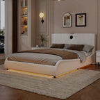 Lit Double en Similicuir Noir et Blanc avec LED RGB et Haut-parleurs Bluetooth, 2 Personnes