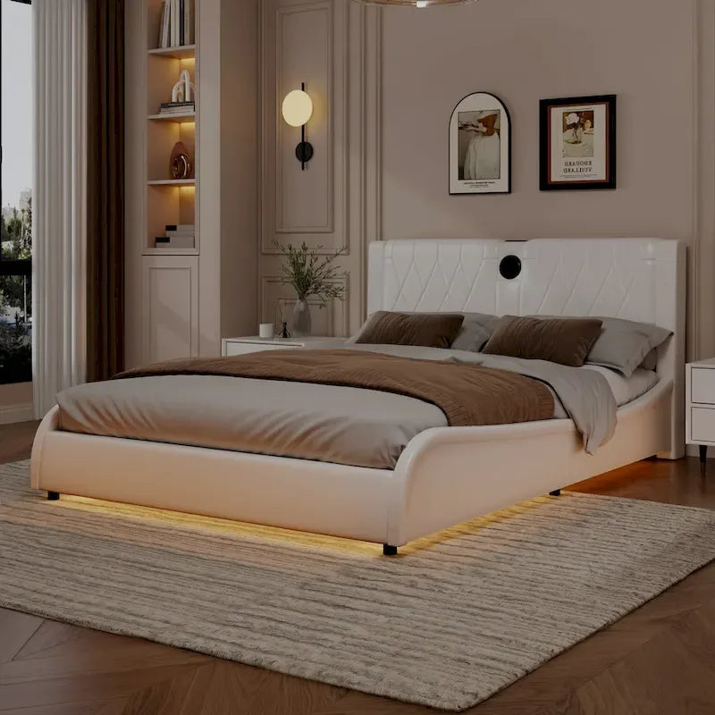Lit Double en Similicuir Noir et Blanc avec LED RGB et Haut-parleurs Bluetooth, 2 Personnes