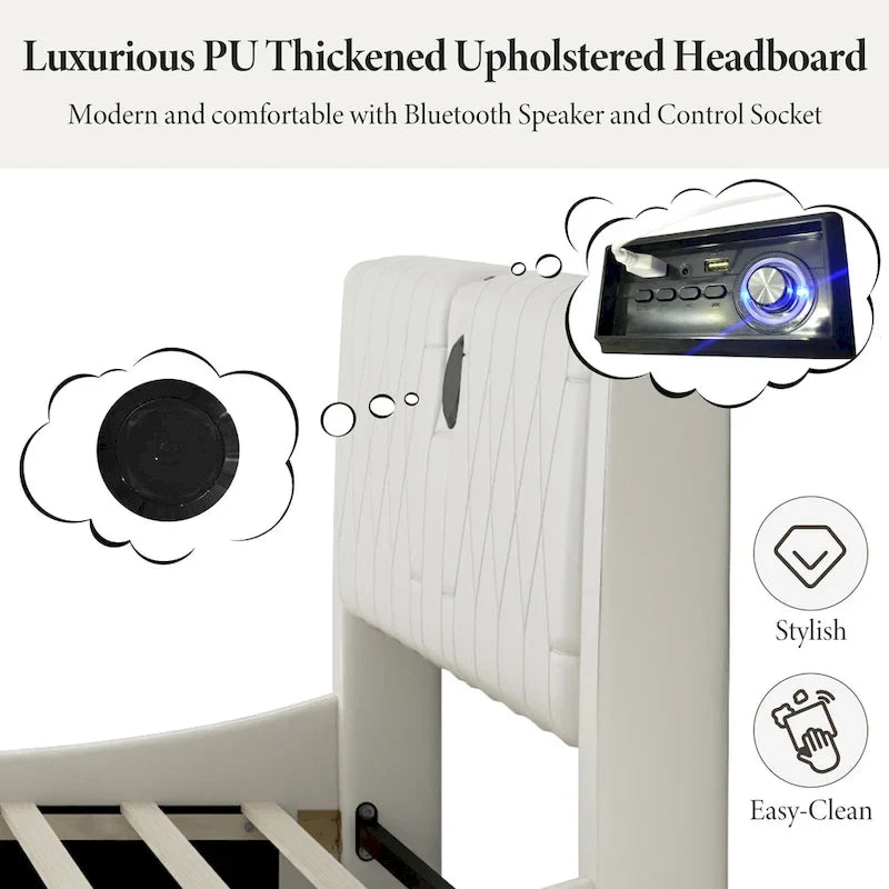 Lit Double en Similicuir Noir et Blanc avec LED RGB et Haut-parleurs Bluetooth, 2 Personnes