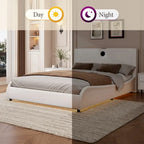 Lit Double en Similicuir Noir et Blanc avec LED RGB et Haut-parleurs Bluetooth, 2 Personnes