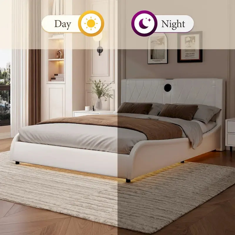 Lit Double en Similicuir Noir et Blanc avec LED RGB et Haut-parleurs Bluetooth, 2 Personnes