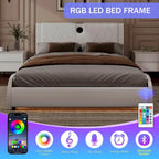 Lit Double en Similicuir Noir et Blanc avec LED RGB et Haut-parleurs Bluetooth, 2 Personnes