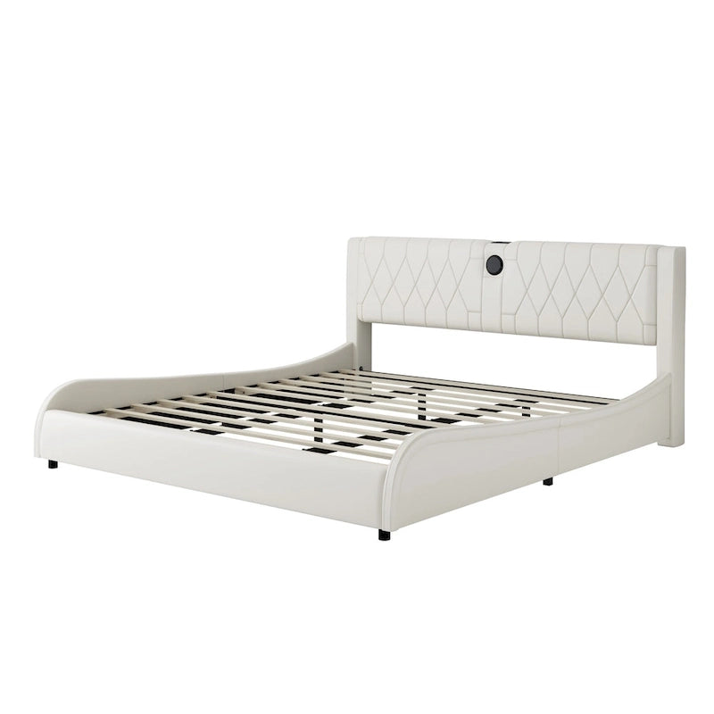 Lit Double en Similicuir Noir et Blanc avec LED RGB et Haut-parleurs Bluetooth, 2 Personnes