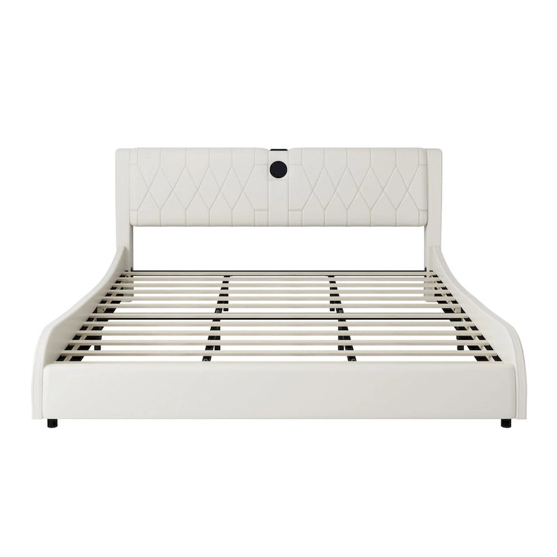 Lit Double en Similicuir Noir et Blanc avec LED RGB et Haut-parleurs Bluetooth, 2 Personnes