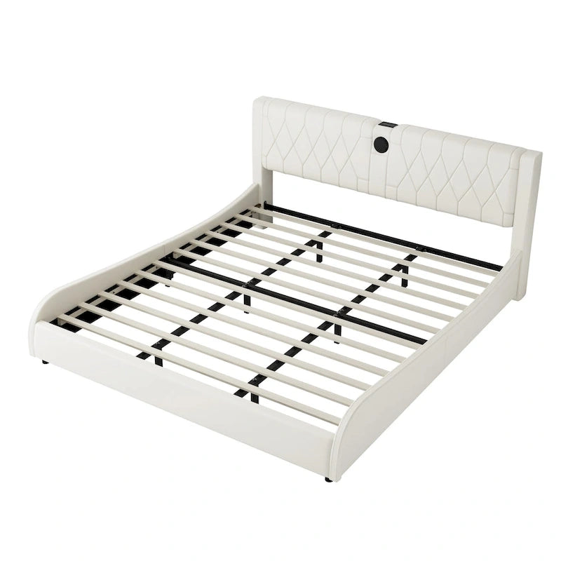 Lit Double en Similicuir Noir et Blanc avec LED RGB et Haut-parleurs Bluetooth, 2 Personnes