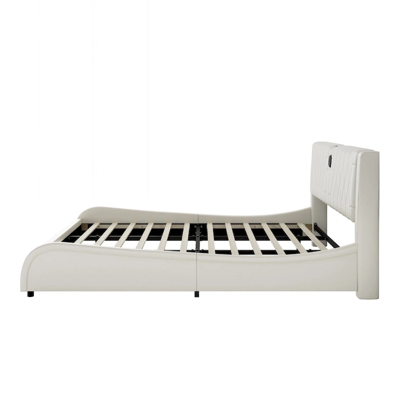 Lit Double en Similicuir Noir et Blanc avec LED RGB et Haut-parleurs Bluetooth, 2 Personnes