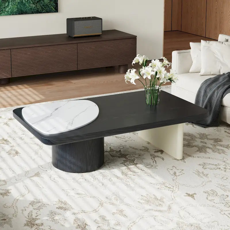 Table basse rectangulaire en pierre frittée de 130 cm avec placage bois, coloris blanc / bois