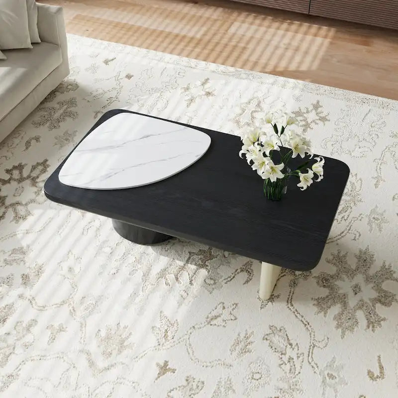 Table basse rectangulaire en pierre frittée de 130 cm avec placage bois, coloris blanc / bois