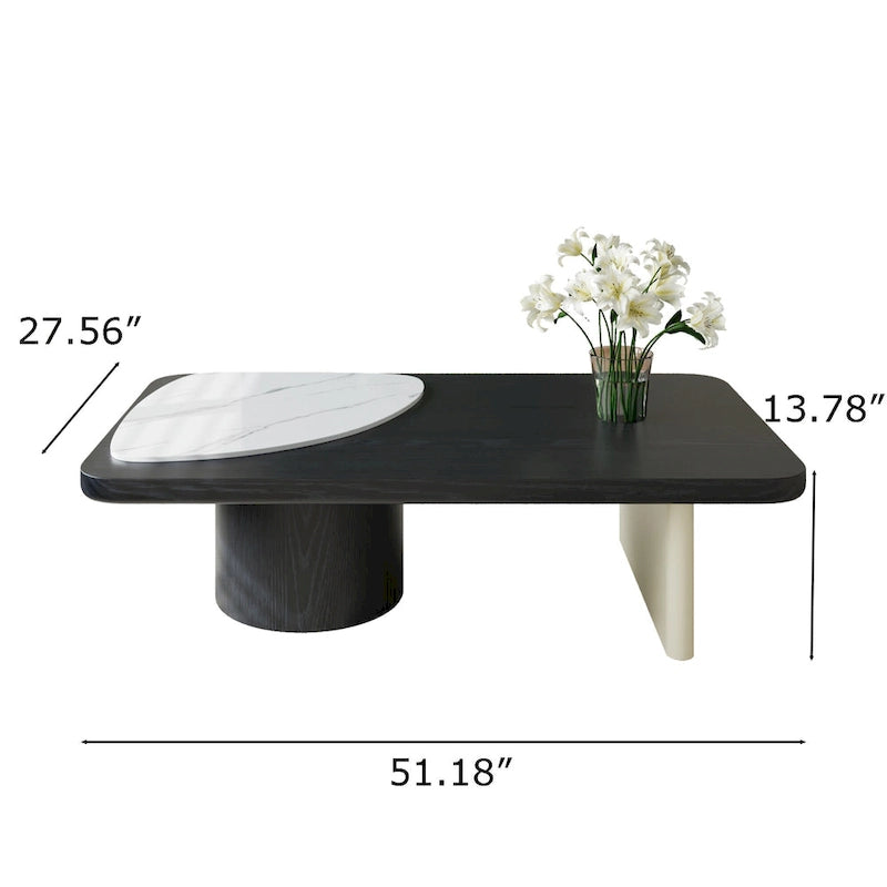 Table basse rectangulaire en pierre frittée de 130 cm avec placage bois, coloris blanc / bois