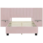 Lit plateforme double rose en velours avec tête de lit surdimensionnée et étagères latérales