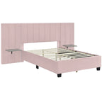 Lit plateforme double rose en velours avec tête de lit surdimensionnée et étagères latérales