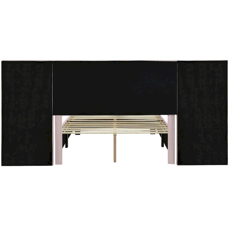 Lit plateforme double rose en velours avec tête de lit surdimensionnée et étagères latérales