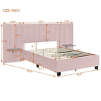 Lit plateforme double rose en velours avec tête de lit surdimensionnée et étagères latérales
