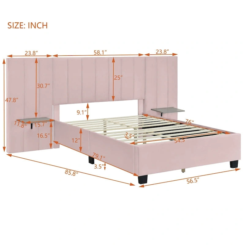 Lit plateforme double rose en velours avec tête de lit surdimensionnée et étagères latérales