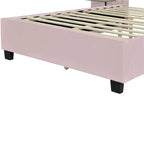 Lit plateforme double rose en velours avec tête de lit surdimensionnée et étagères latérales