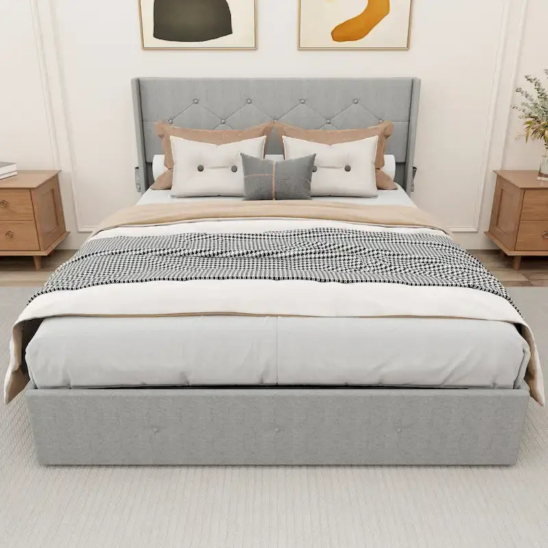 Lit plateforme en métal gris clair Queen Size avec rangement à vérins à gaz, tête de lit à oreilles et ports USB