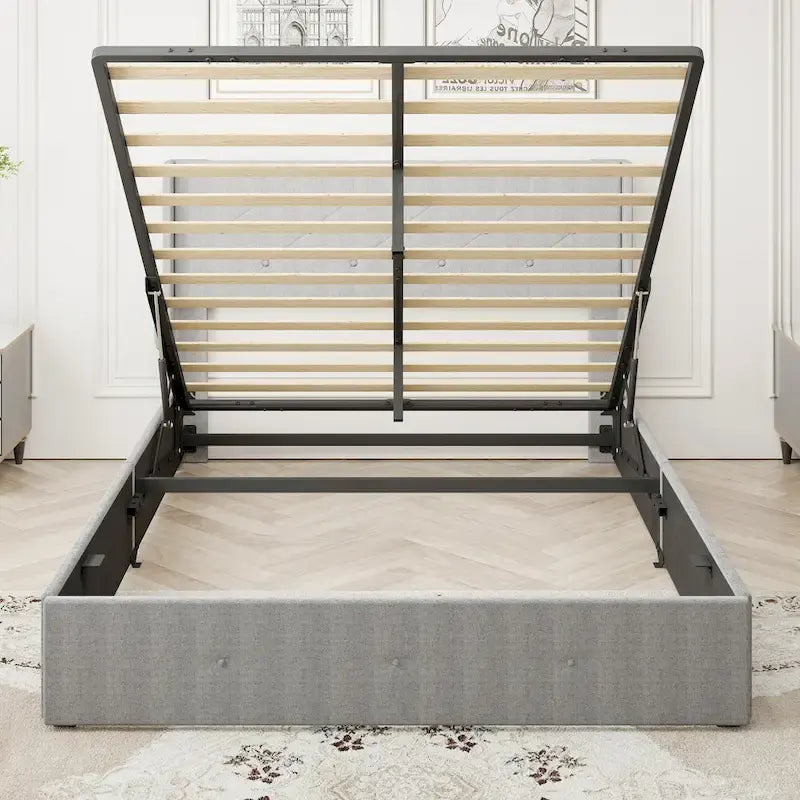 Lit plateforme en métal gris clair Queen Size avec rangement à vérins à gaz, tête de lit à oreilles et ports USB